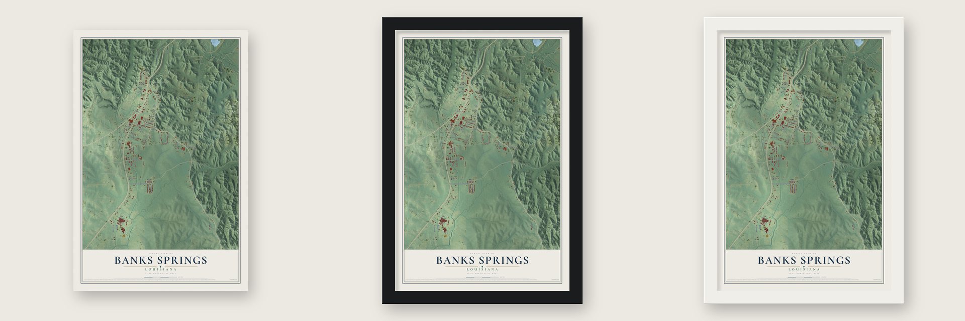 Banks Springs, Louisiana map unframed, in a black wood frame and in a white wood frame