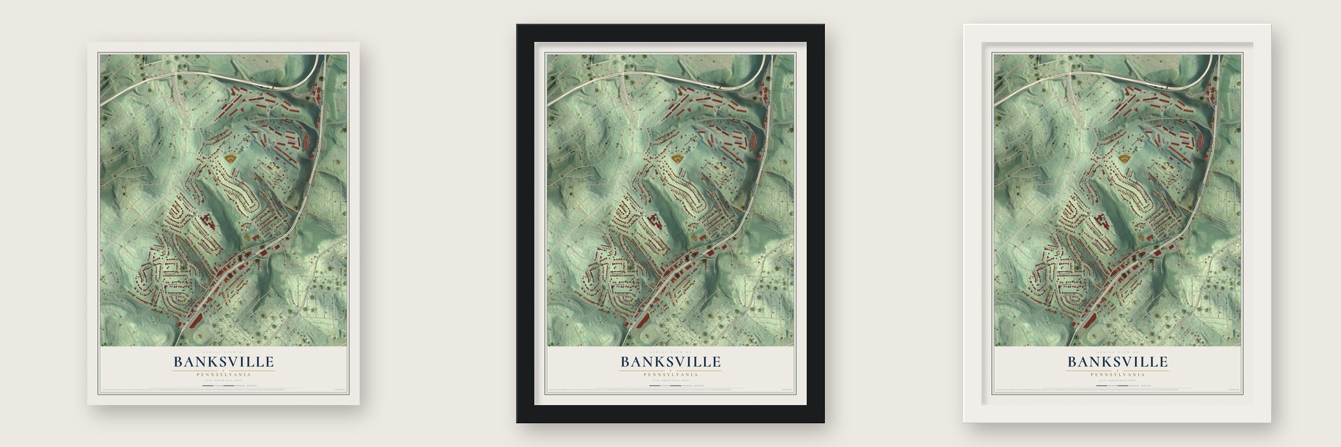 Banksville, Pennsylvania map unframed, in a black wood frame and in a white wood frame