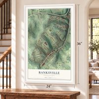 Banksville, Pennsylvania map, 24 x 36 inch print in a white frame by a staircase