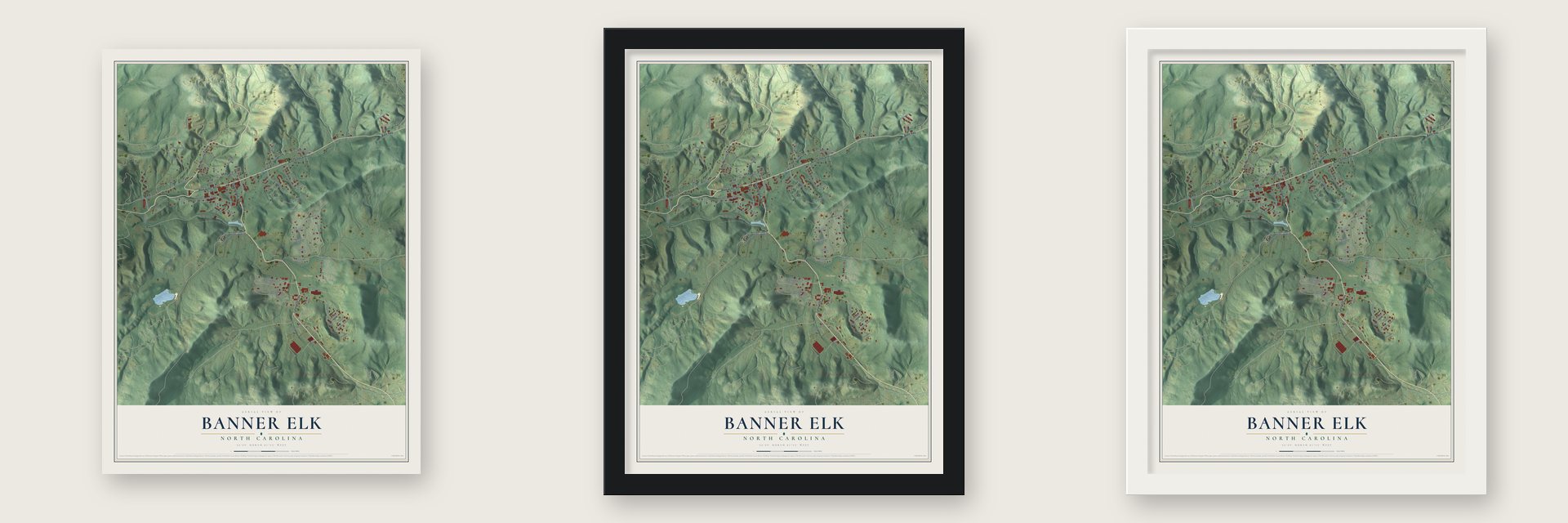 Banner Elk, North Carolina map unframed, in a black wood frame and in a white wood frame
