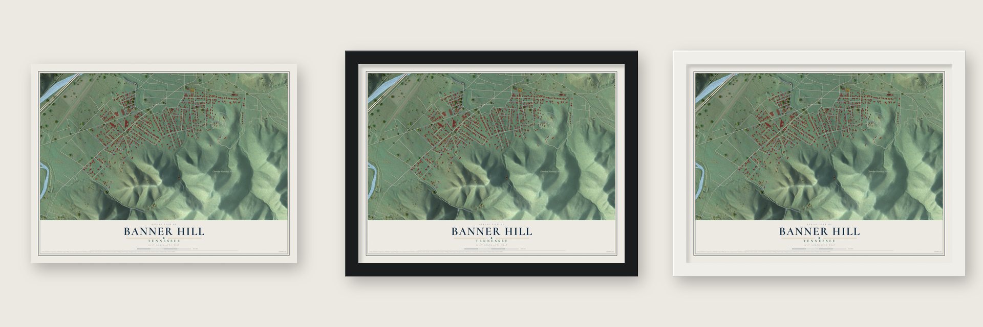 Banner Hill, Tennessee map unframed, in a black wood frame and in a white wood frame