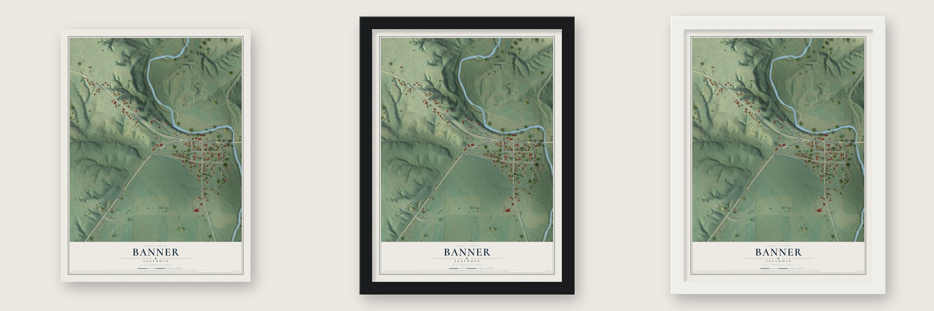 Banner, Illinois map unframed, in a black wood frame and in a white wood frame