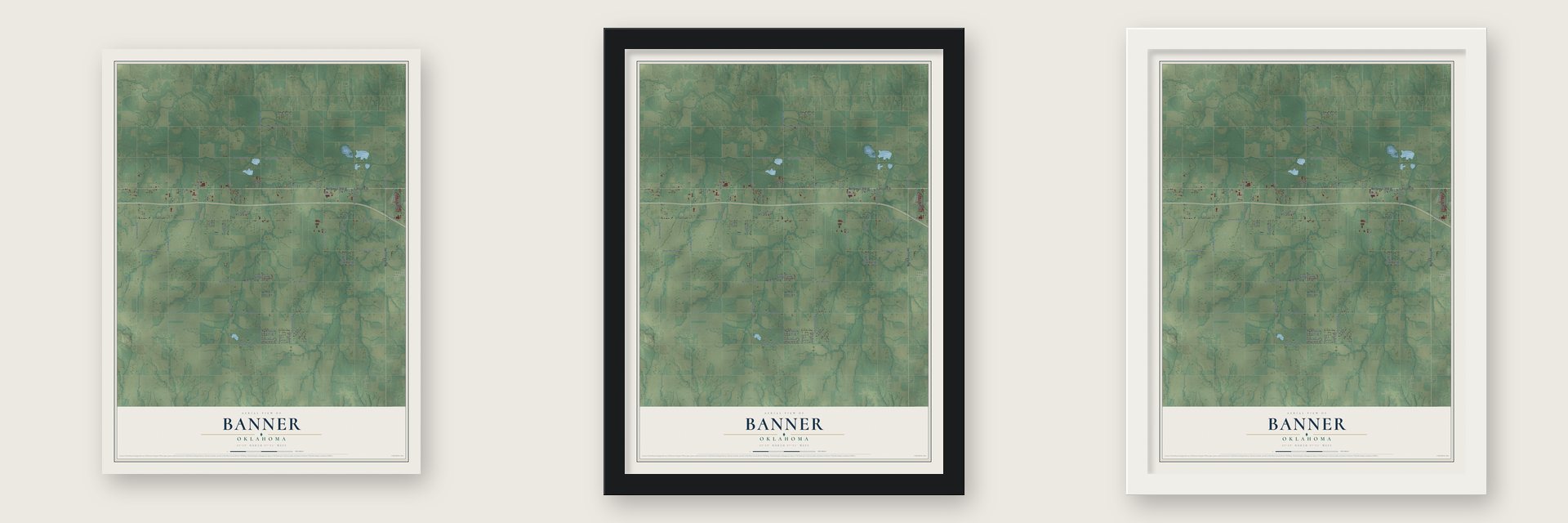 Banner, Oklahoma map unframed, in a black wood frame and in a white wood frame