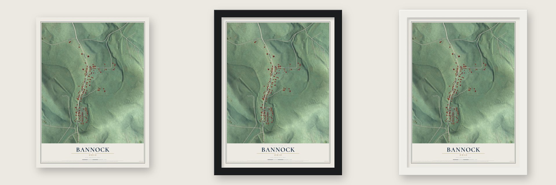 Bannock, Ohio map unframed, in a black wood frame and in a white wood frame