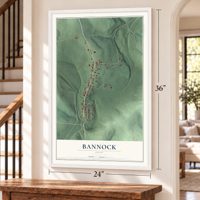 Bannock, Ohio map, 24 x 36 inch print in a white frame by a staircase