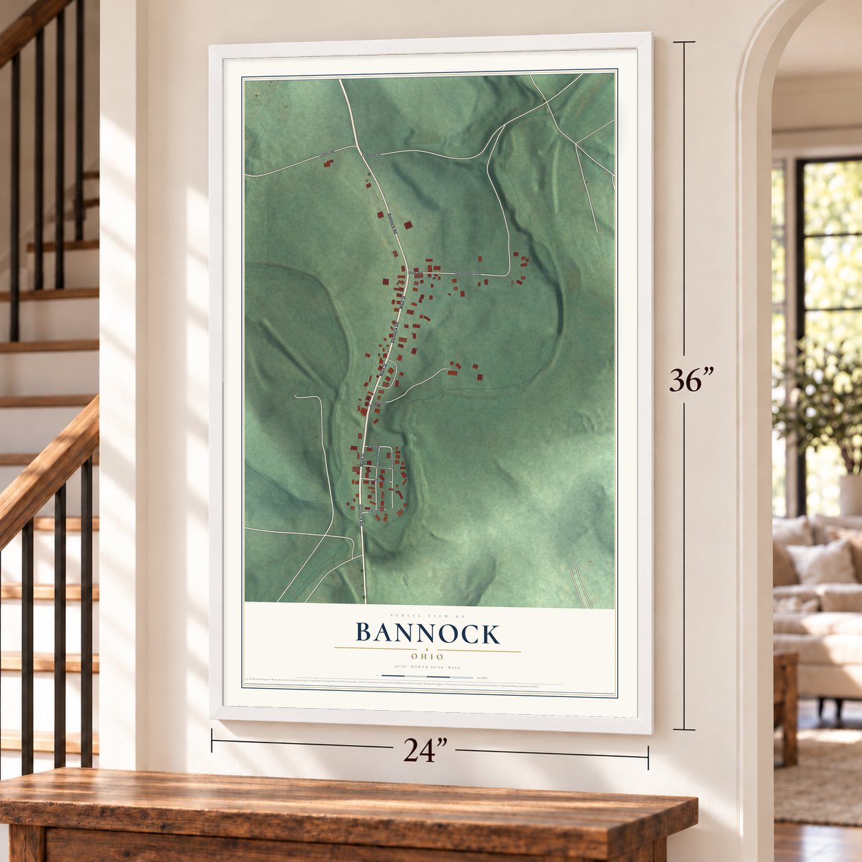 Bannock, Ohio map, 24 x 36 inch print in a white frame by a staircase