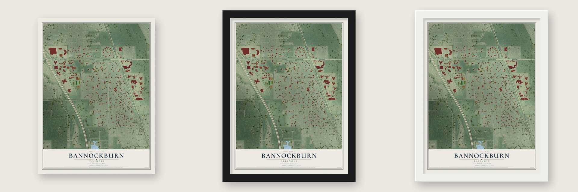Bannockburn, Illinois map unframed, in a black wood frame and in a white wood frame