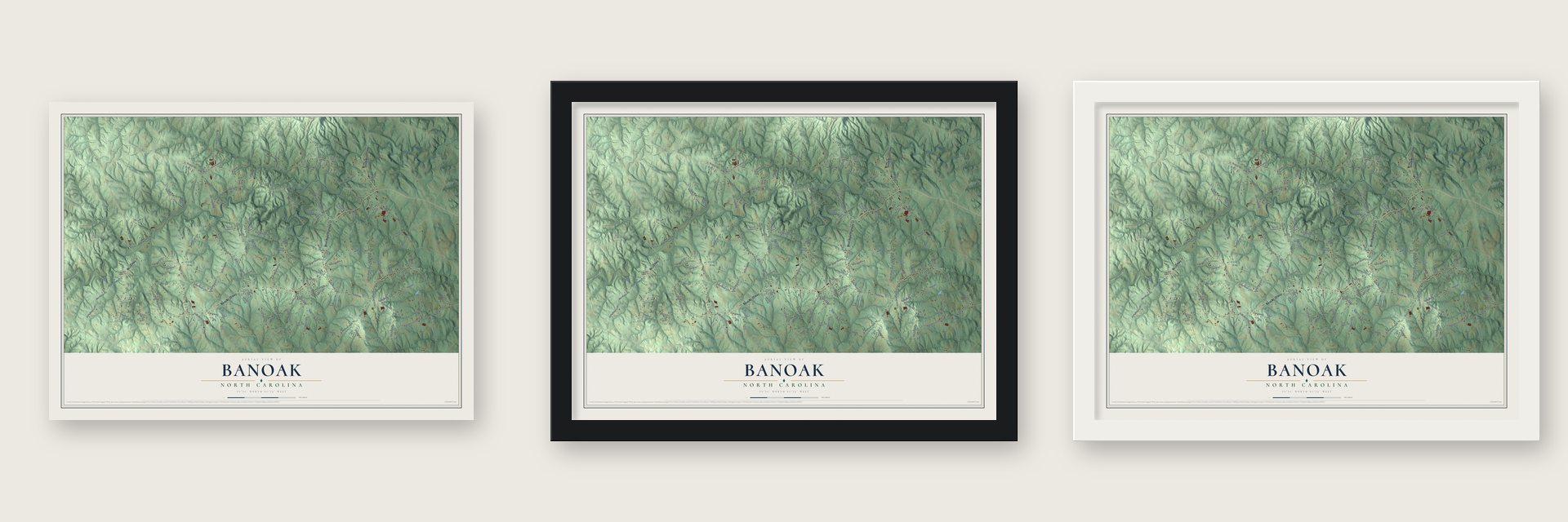 Banoak, North Carolina map unframed, in a black wood frame and in a white wood frame