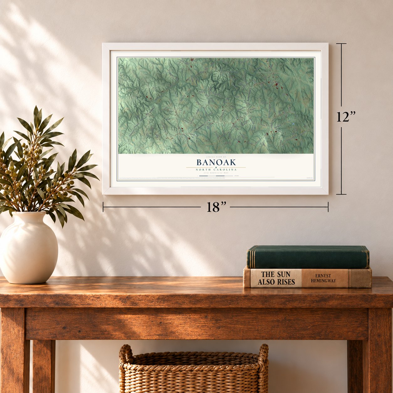 Banoak, North Carolina map, 12 x 18 inch print in a white frame in an entryway