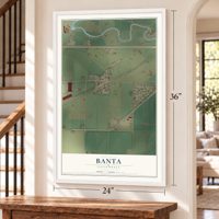 Banta, California map, 24 x 36 inch print in a white frame by a staircase