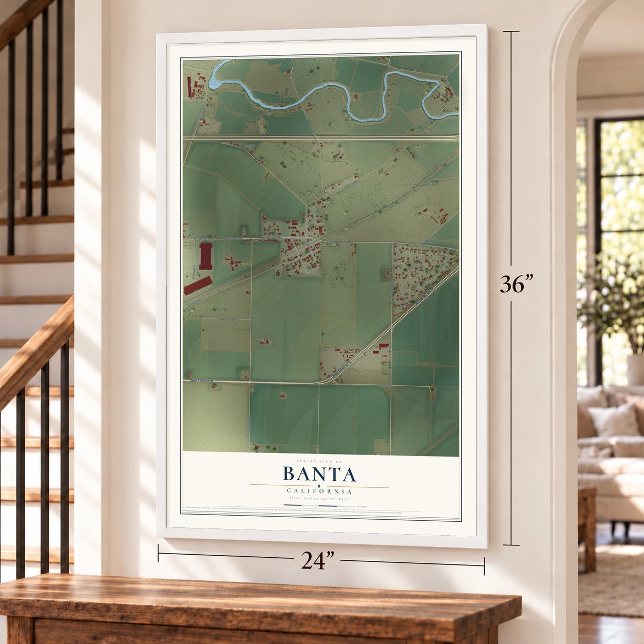 Banta, California map, 24 x 36 inch print in a white frame by a staircase