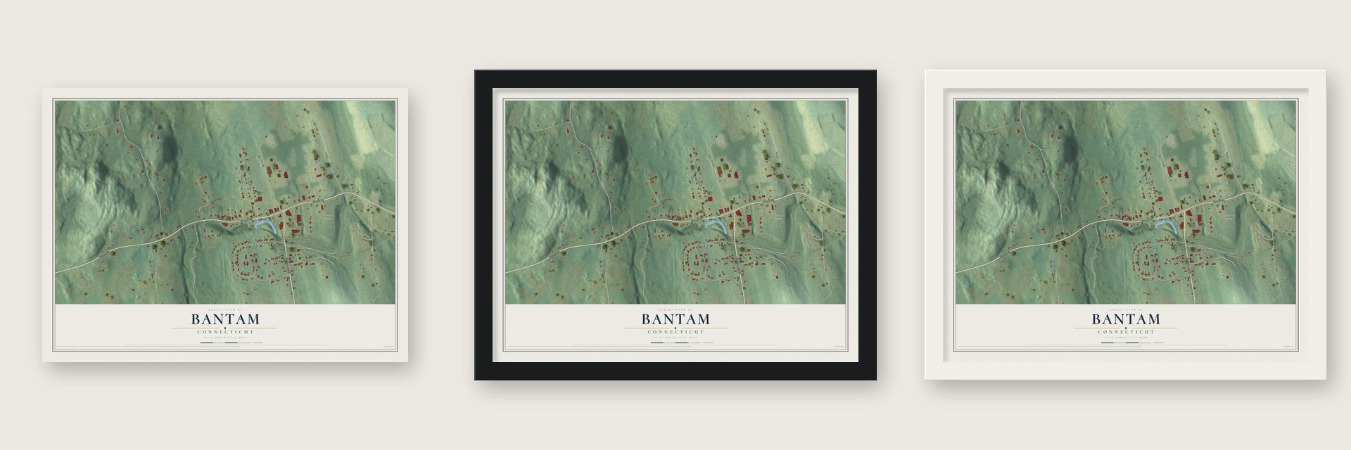 Bantam, Connecticut map unframed, in a black wood frame and in a white wood frame