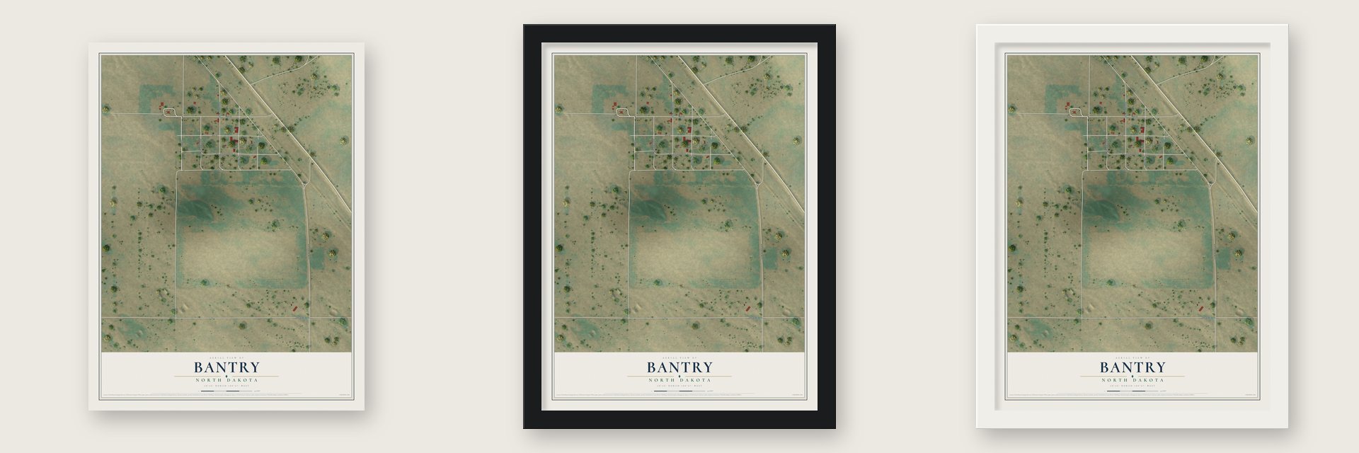 Bantry, North Dakota map unframed, in a black wood frame and in a white wood frame