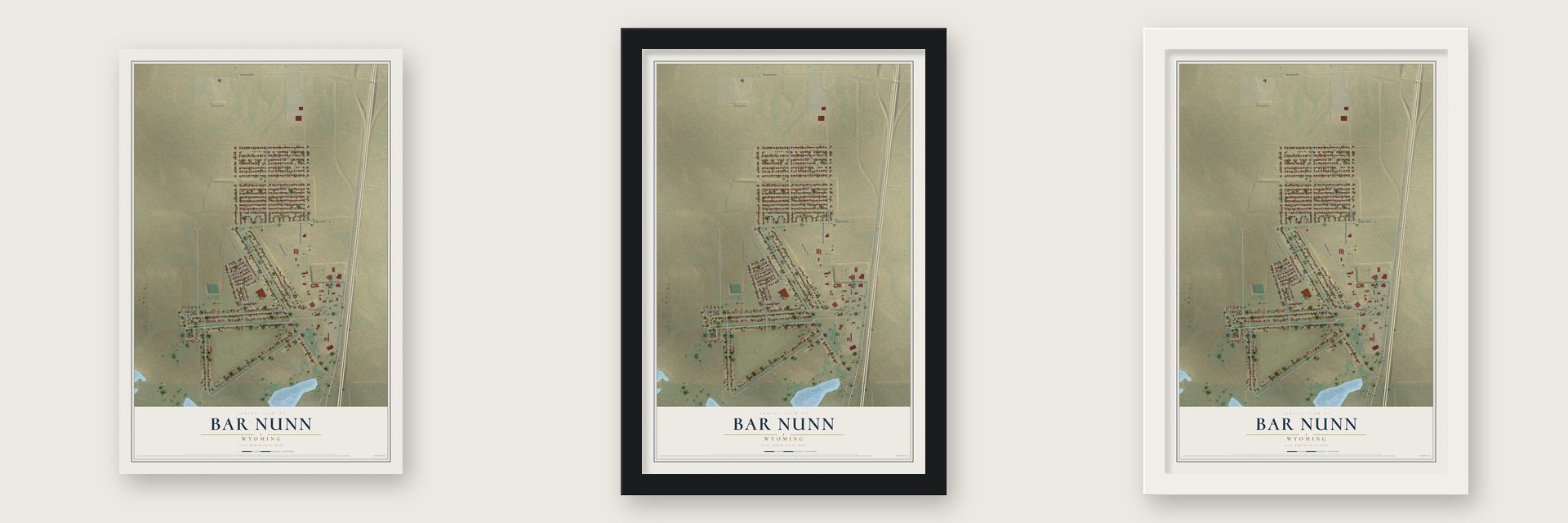 Bar Nunn, Wyoming map unframed, in a black wood frame and in a white wood frame