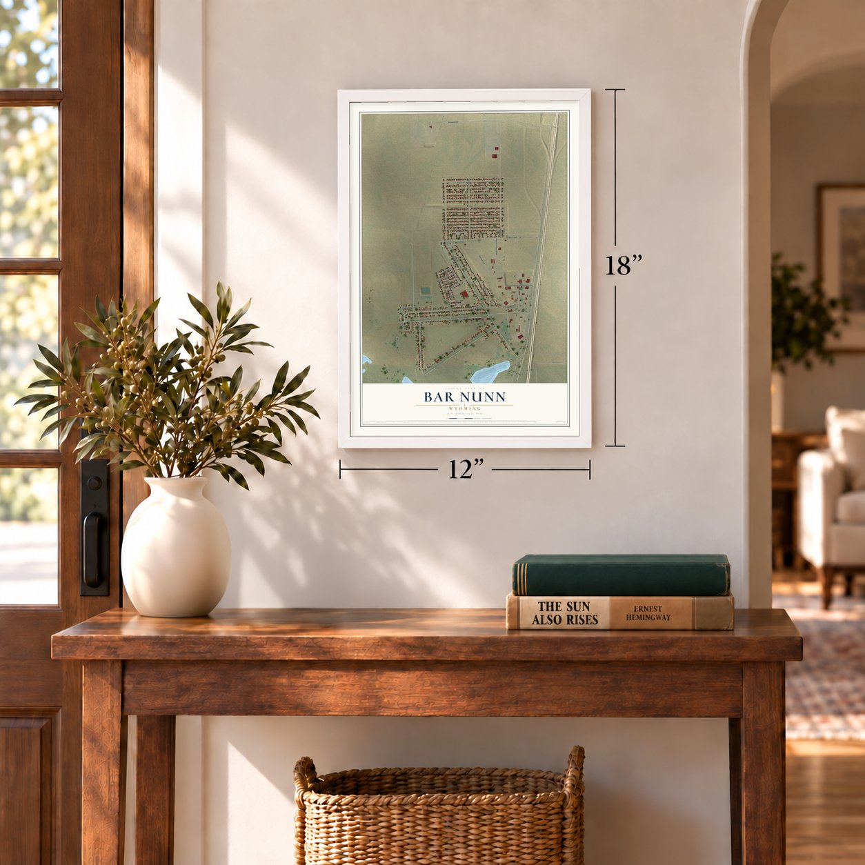 Bar Nunn, Wyoming map, 12 x 18 inch print in a white frame in an entryway