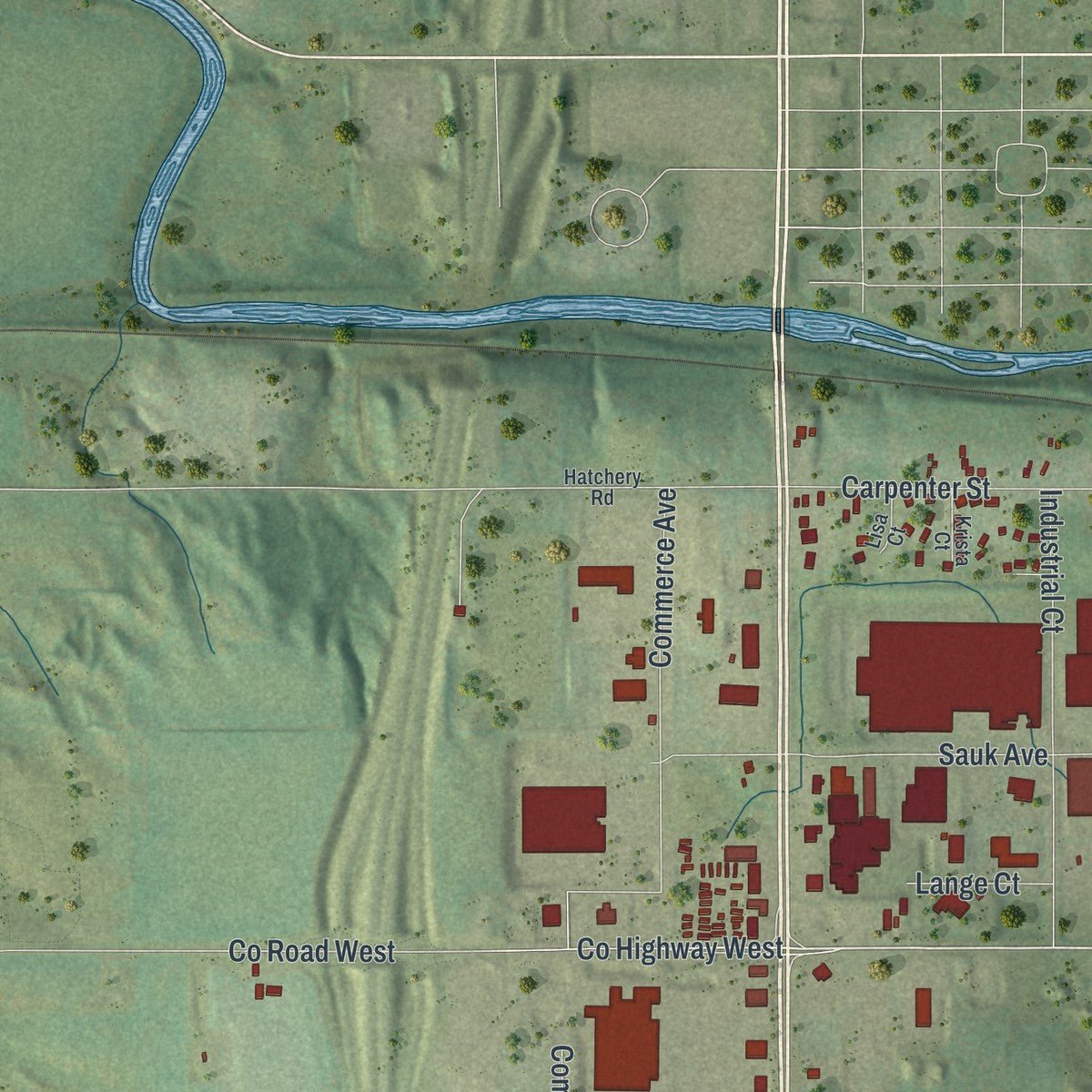 Second close-up of the map of Baraboo, Wisconsin print showing more streets and buildings
