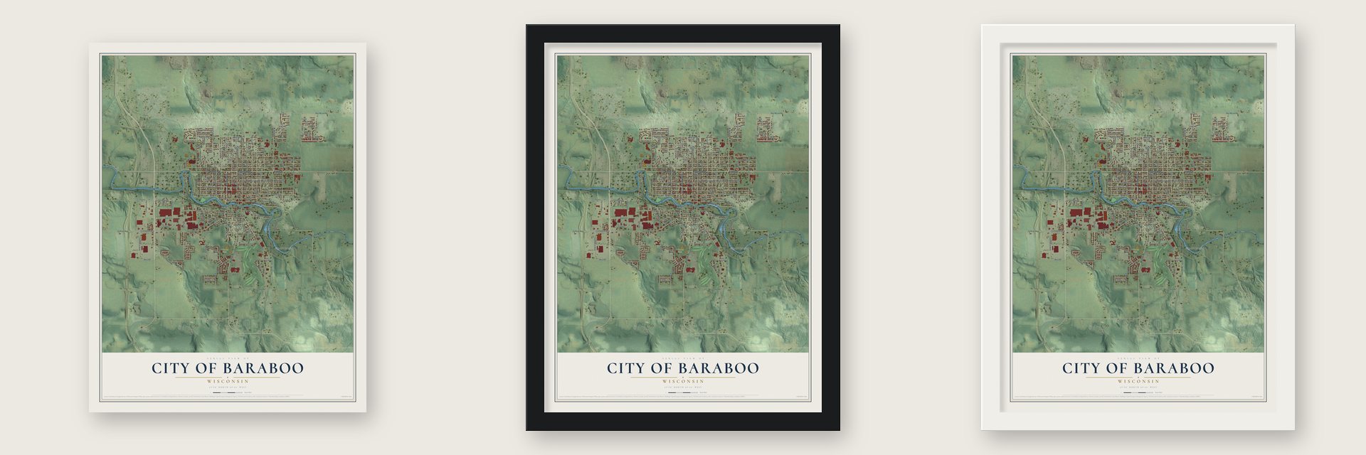 Baraboo, Wisconsin map unframed, in a black wood frame and in a white wood frame