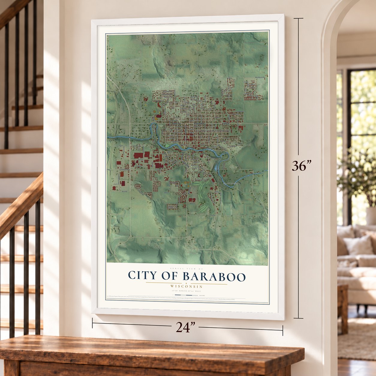 Baraboo, Wisconsin map, 24 x 36 inch print in a white frame by a staircase