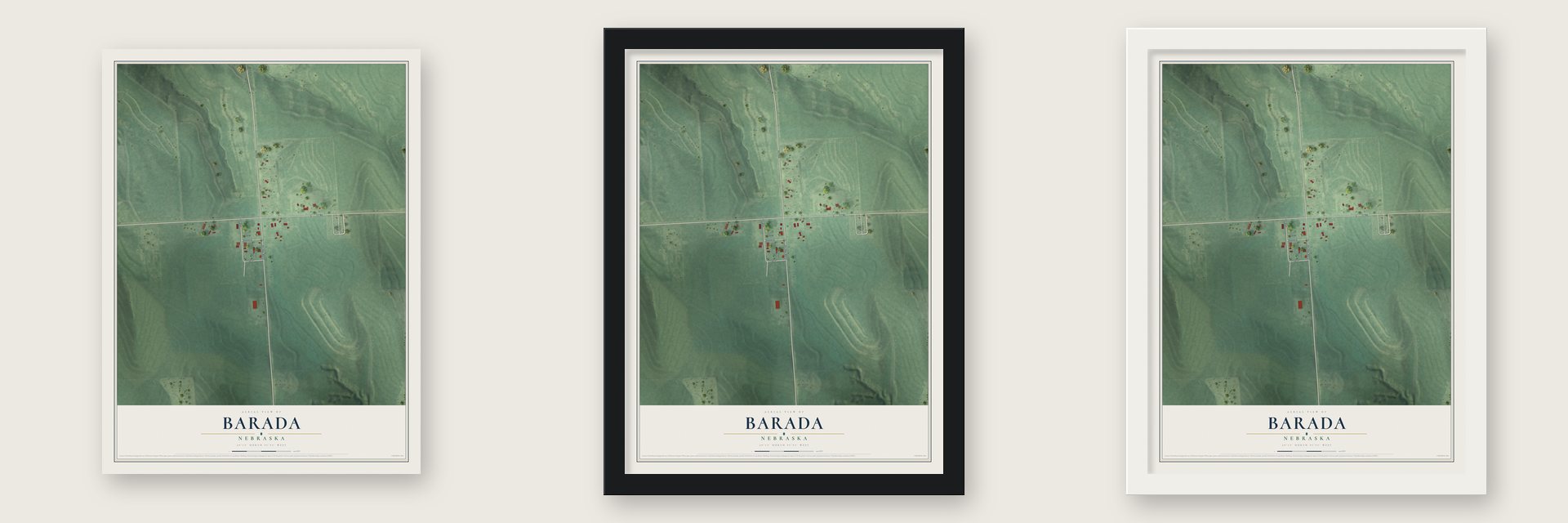 Barada, Nebraska map unframed, in a black wood frame and in a white wood frame
