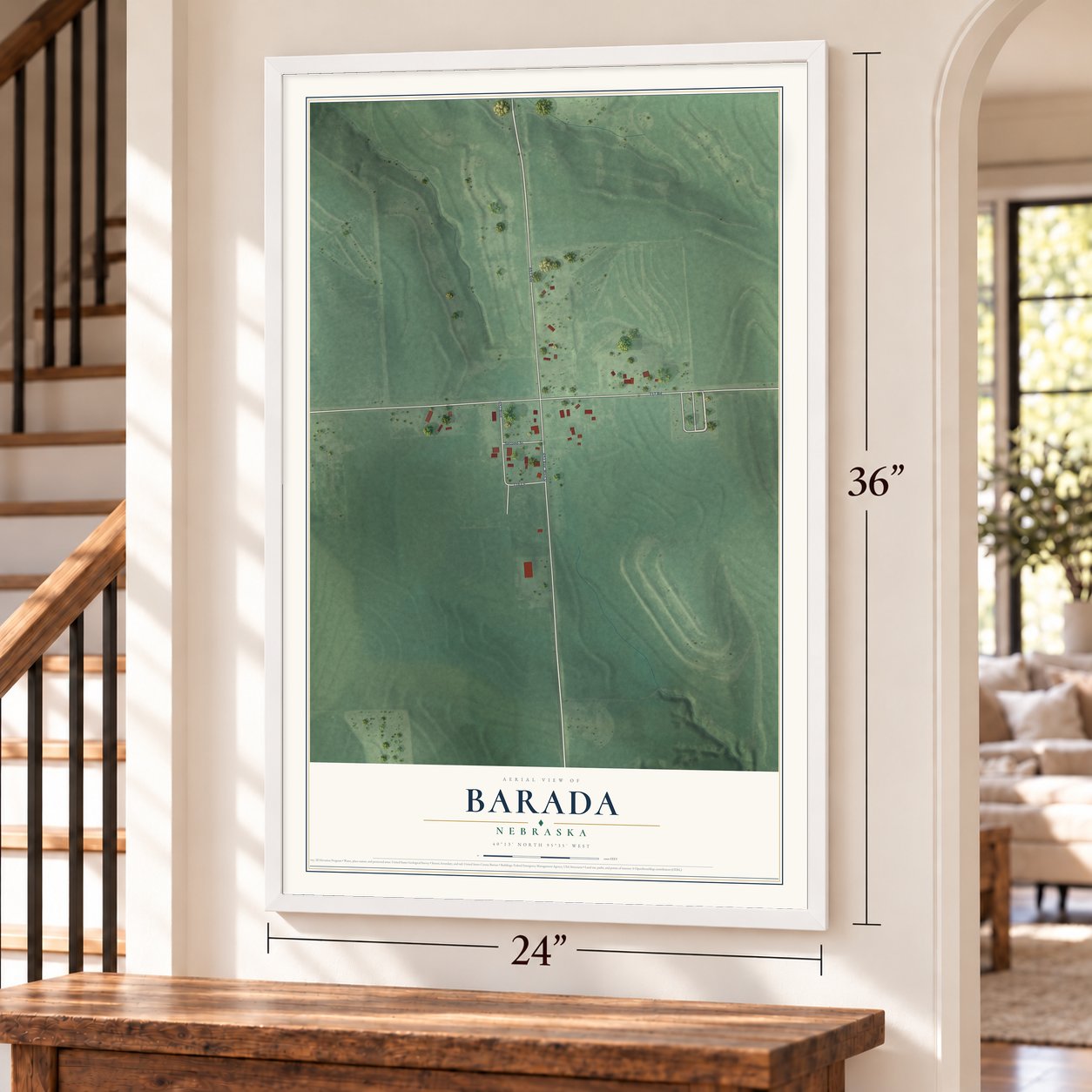Barada, Nebraska map, 24 x 36 inch print in a white frame by a staircase