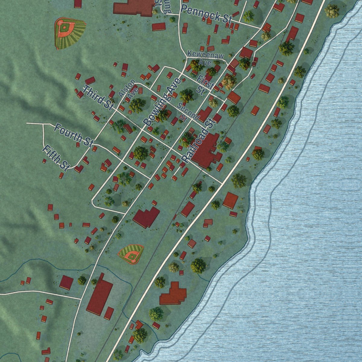 Second close-up of the map of Baraga, Michigan print showing more streets and buildings