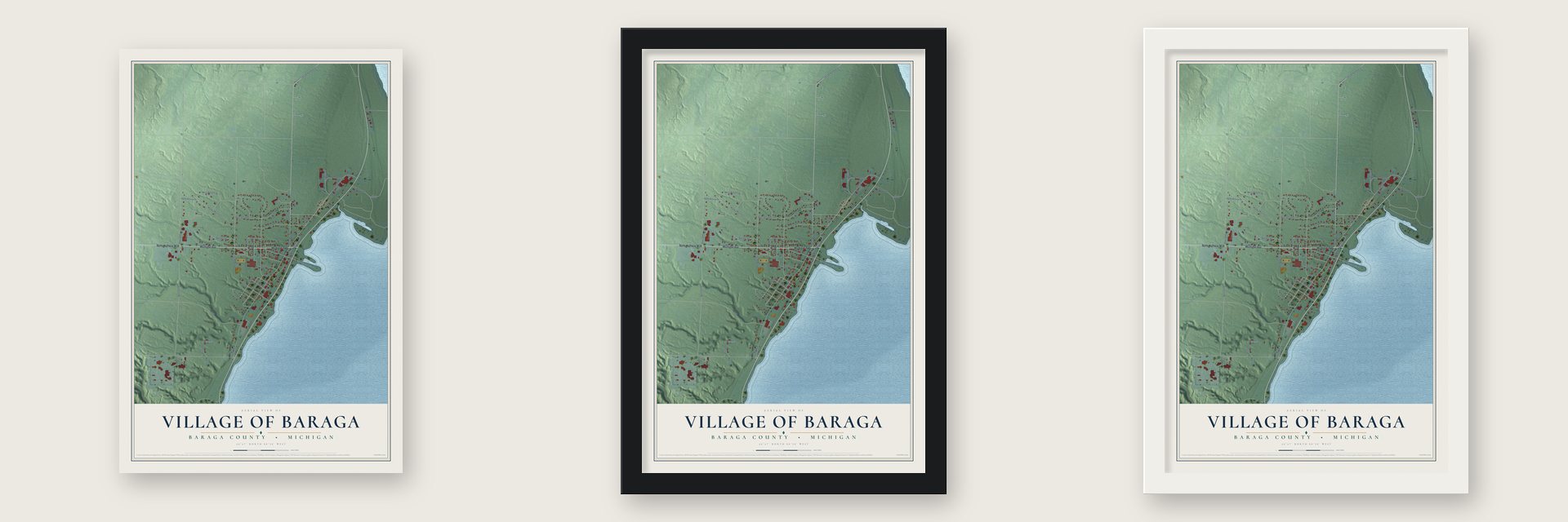 Baraga, Michigan map unframed, in a black wood frame and in a white wood frame