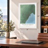 Baraga, Michigan map, 18 x 24 inch print in a white frame in a home office
