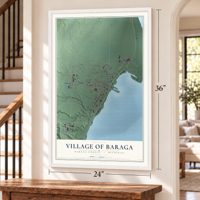 Baraga, Michigan map, 24 x 36 inch print in a white frame by a staircase