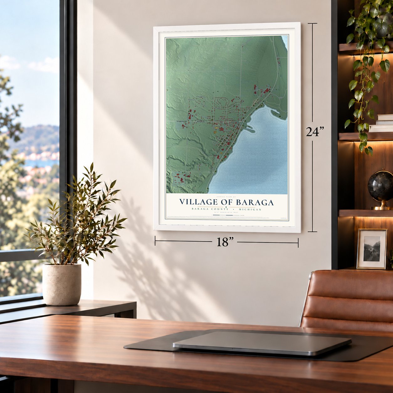 Baraga, Michigan map, 18 x 24 inch print in a white frame in a home office