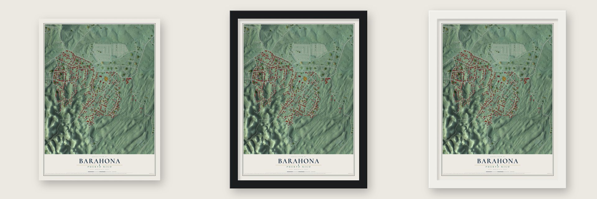 Barahona, Puerto Rico map unframed, in a black wood frame and in a white wood frame