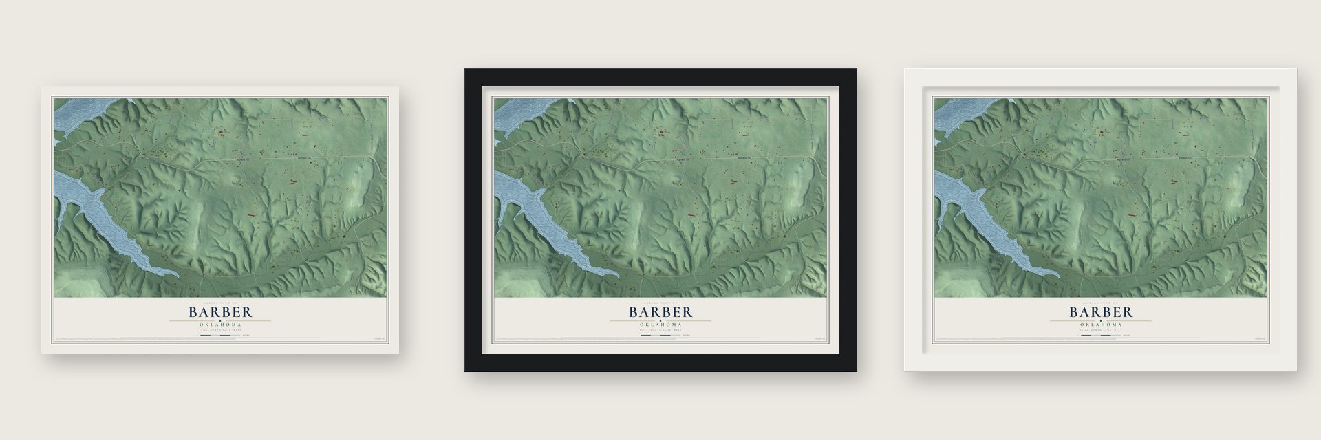 Barber, Oklahoma map unframed, in a black wood frame and in a white wood frame