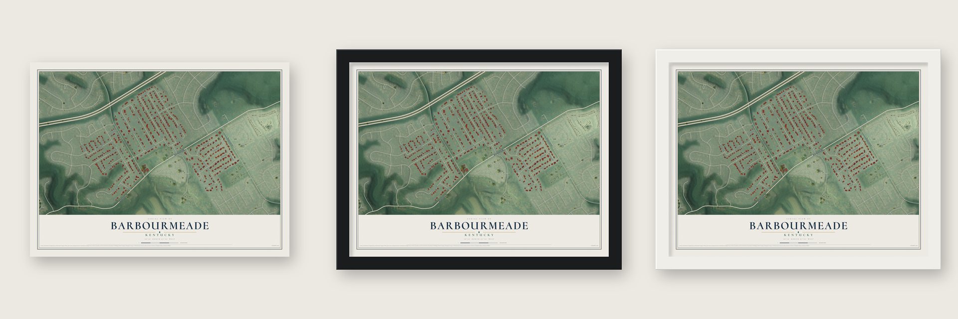 Barbourmeade, Kentucky map unframed, in a black wood frame and in a white wood frame