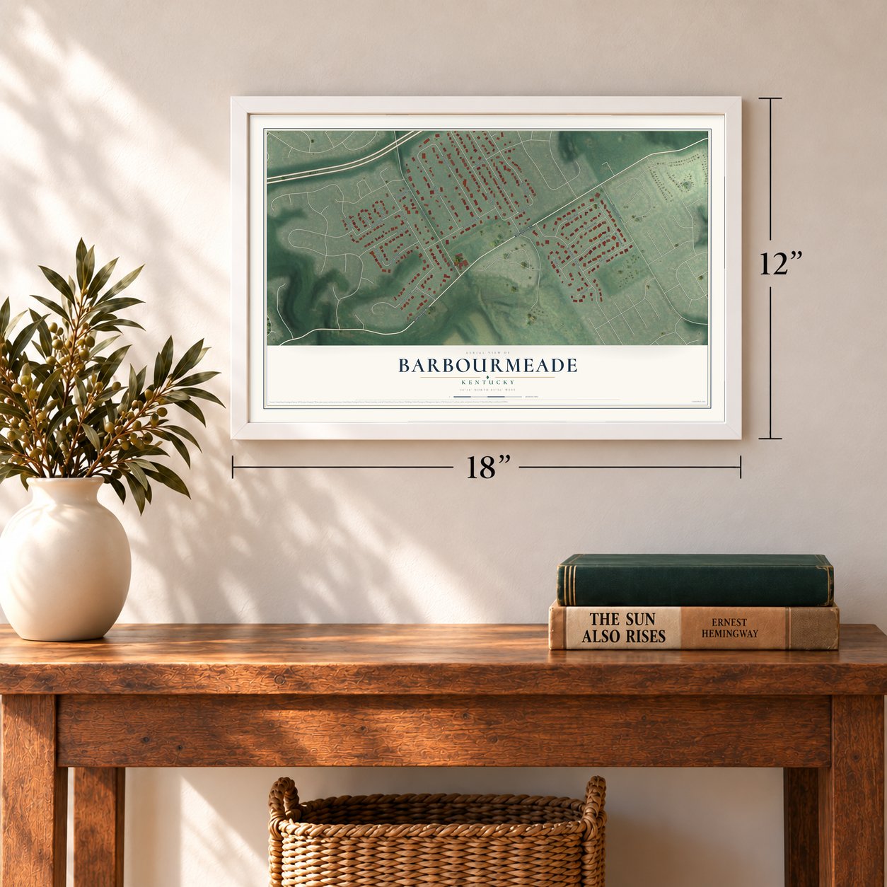 Barbourmeade, Kentucky map, 12 x 18 inch print in a white frame in an entryway