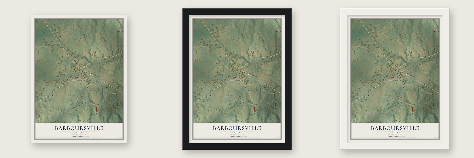 Barboursville, Virginia map unframed, in a black wood frame and in a white wood frame