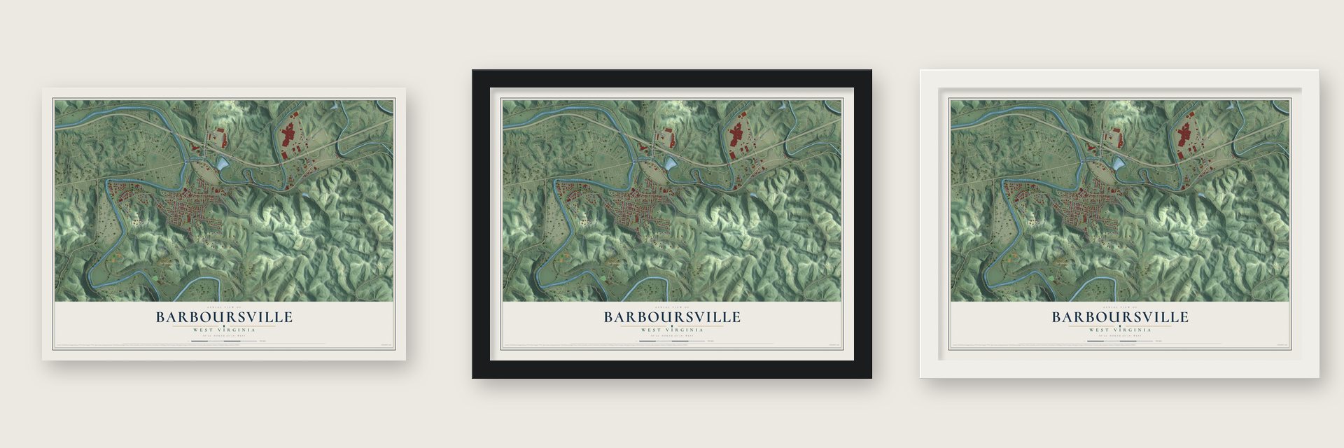 Barboursville, West Virginia map unframed, in a black wood frame and in a white wood frame