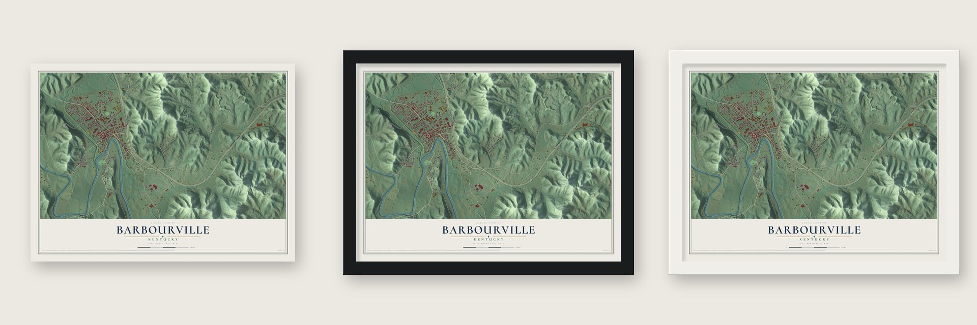 Barbourville, Kentucky map unframed, in a black wood frame and in a white wood frame