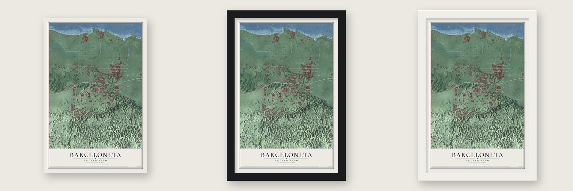 Barceloneta, Puerto Rico map unframed, in a black wood frame and in a white wood frame