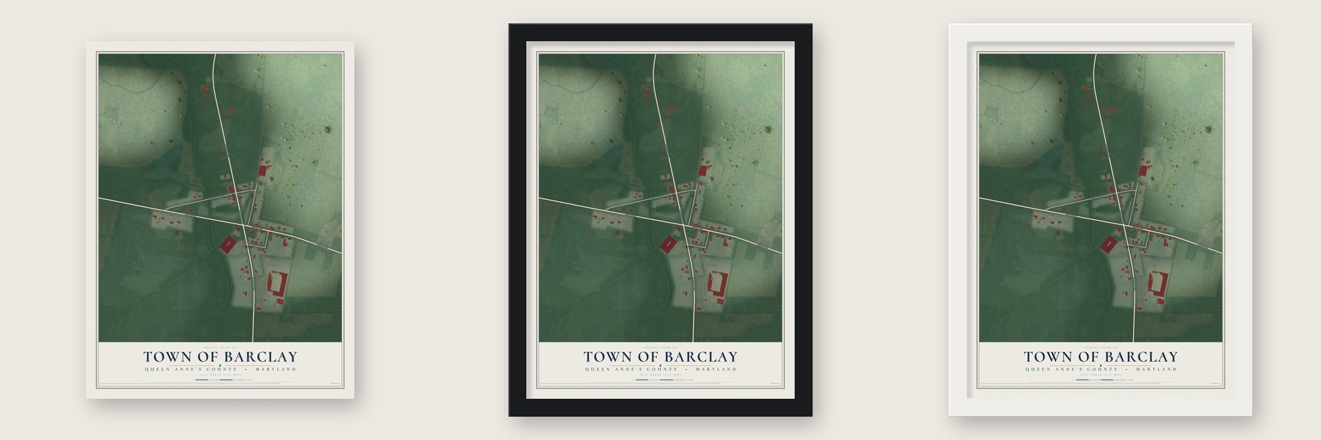 Barclay, Maryland map unframed, in a black wood frame and in a white wood frame