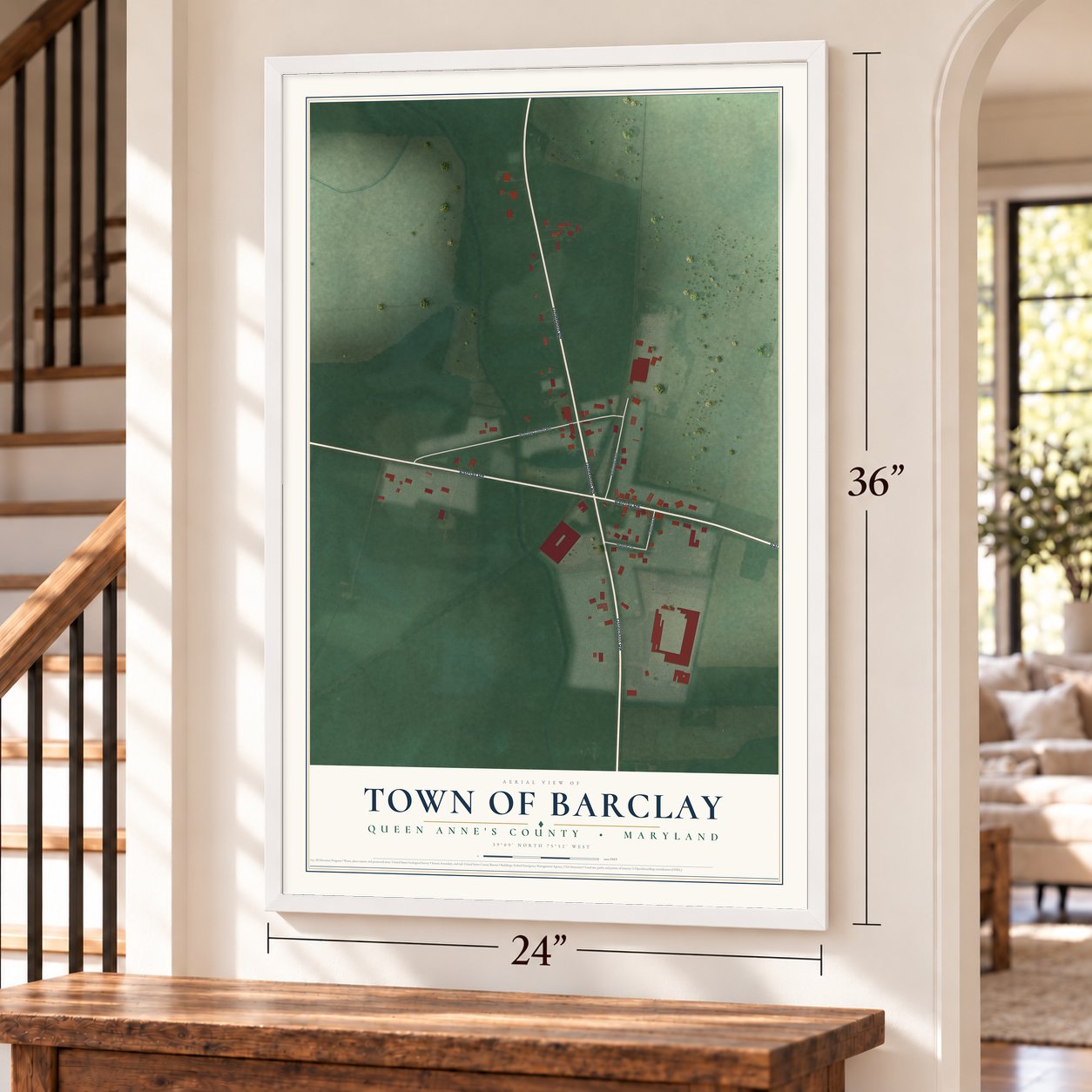 Barclay, Maryland map, 24 x 36 inch print in a white frame by a staircase