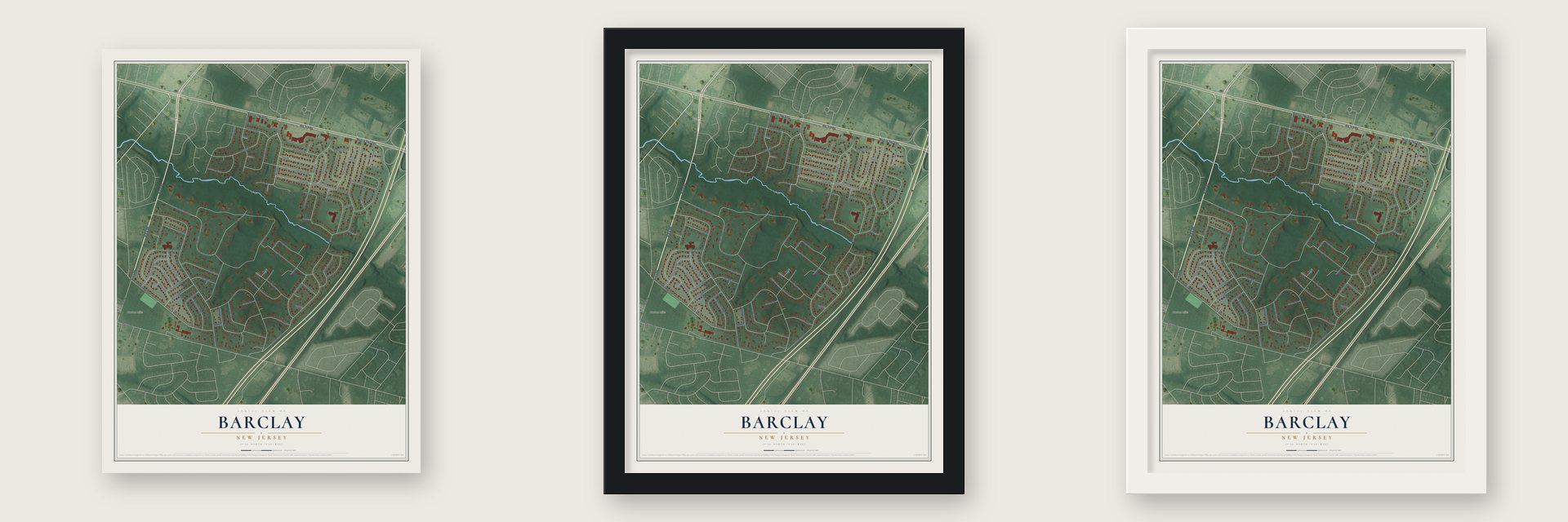 Barclay, New Jersey map unframed, in a black wood frame and in a white wood frame