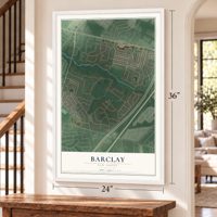 Barclay, New Jersey map, 24 x 36 inch print in a white frame by a staircase