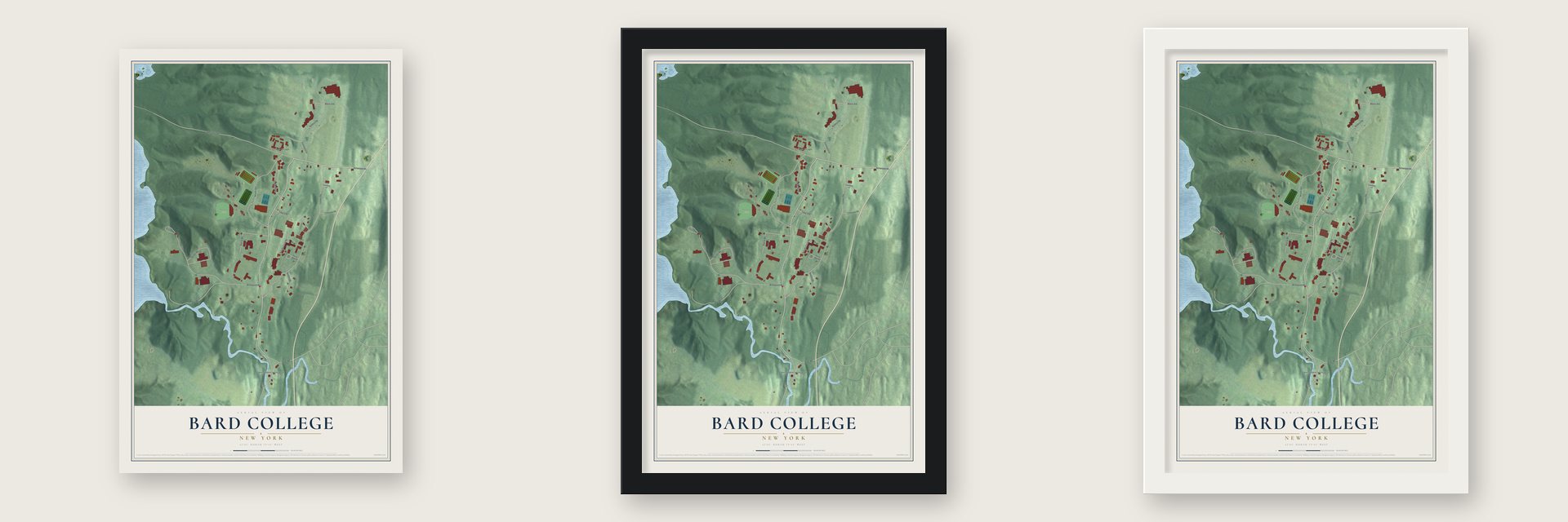 Bard College, New York map unframed, in a black wood frame and in a white wood frame