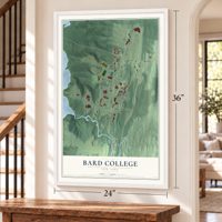 Bard College, New York map, 24 x 36 inch print in a white frame by a staircase