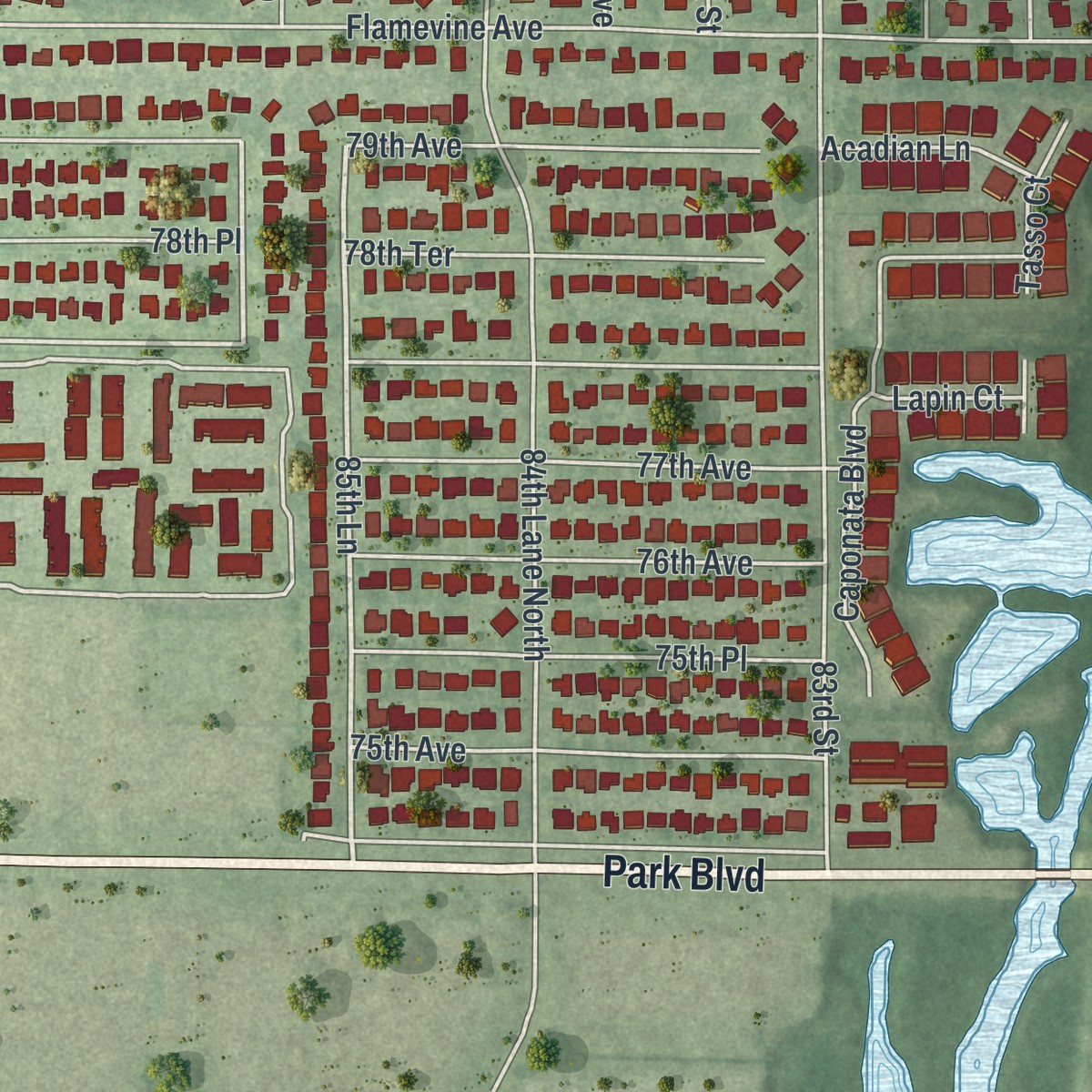 Second close-up of the map of Bardmoor, Florida print showing more streets and buildings