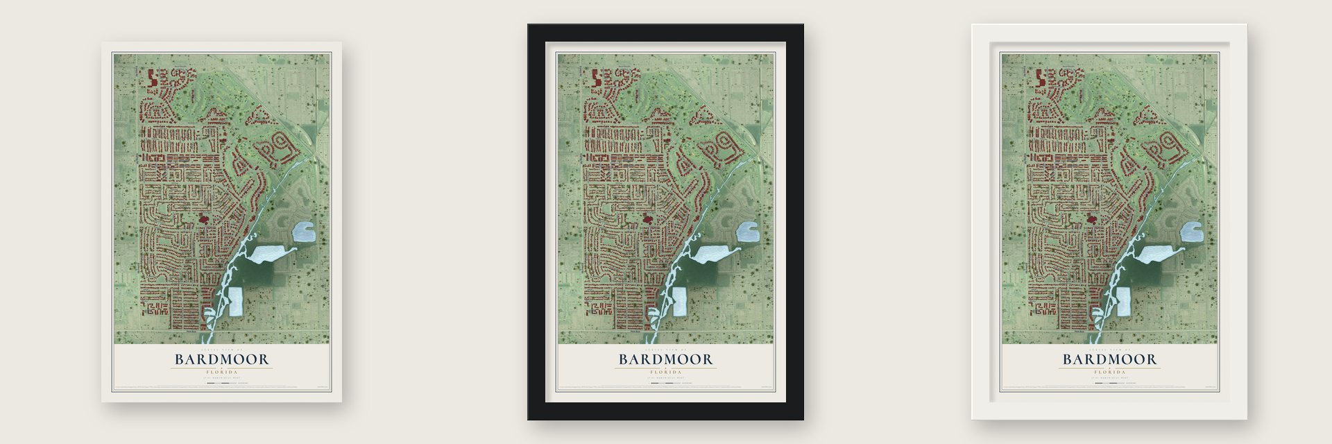Bardmoor, Florida map unframed, in a black wood frame and in a white wood frame