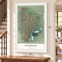 Bardmoor, Florida map, 24 x 36 inch print in a white frame by a staircase