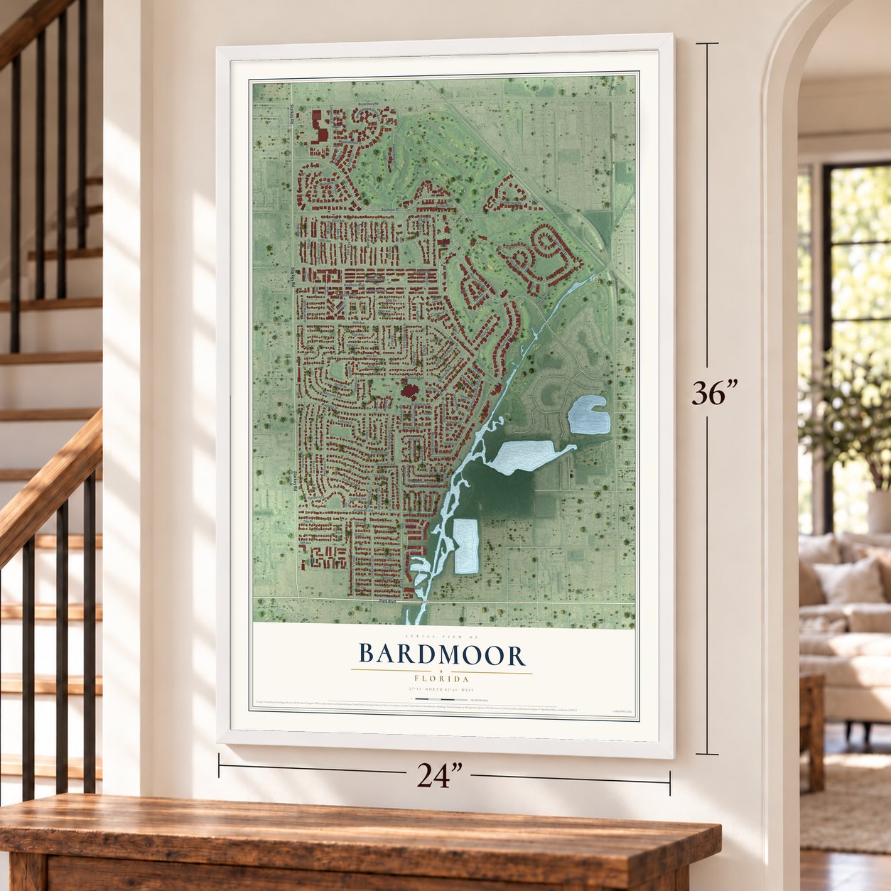 Bardmoor, Florida map, 24 x 36 inch print in a white frame by a staircase