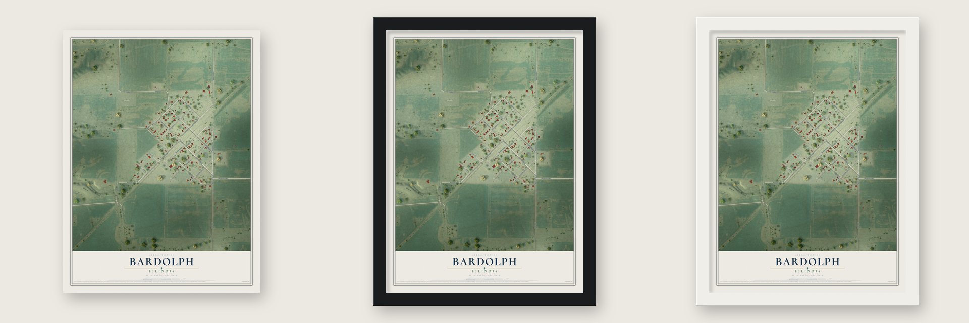 Bardolph, Illinois map unframed, in a black wood frame and in a white wood frame