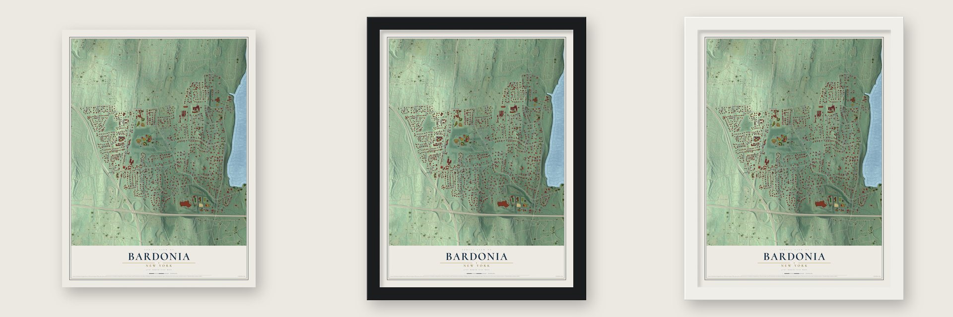Bardonia, New York map unframed, in a black wood frame and in a white wood frame