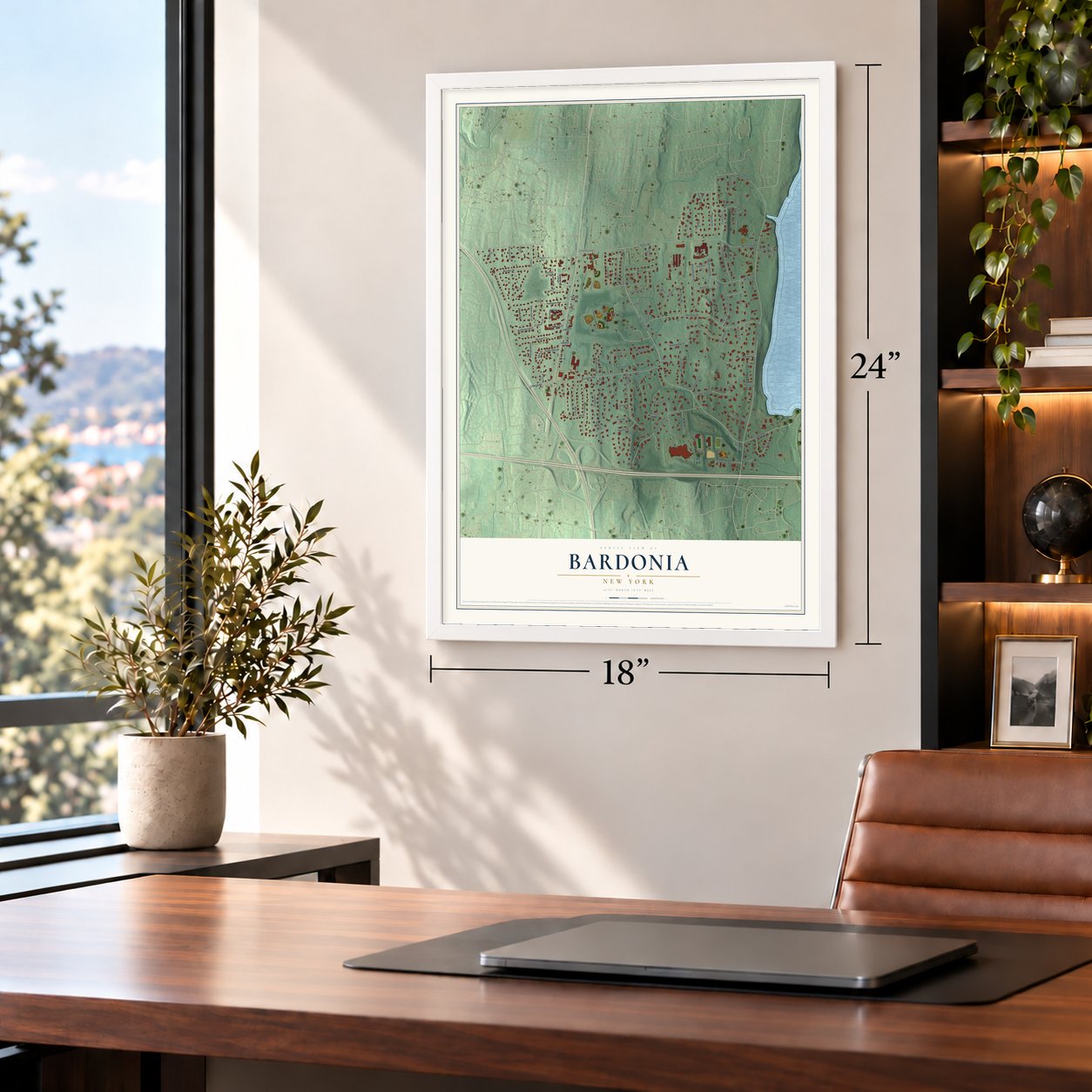 Bardonia, New York map, 18 x 24 inch print in a white frame in a home office